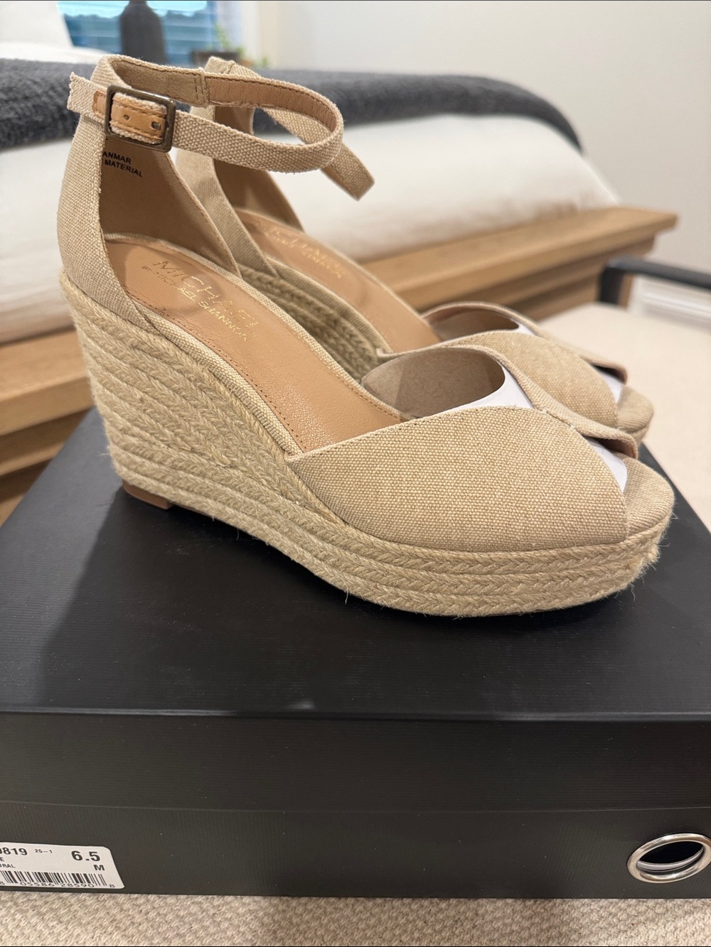 Michael Shannon Beige Canvas Espadrille Wedge Sandals with Ankle Strap